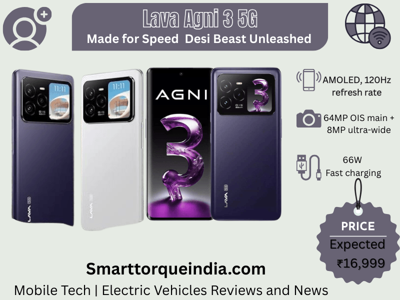 Lava Agni 3 5G smartphone in Heather Glass finish featuring 50MP OIS rear camera, 6.78-inch 1.5K AMOLED display, and rear 1.74-inch AMOLED smart screen