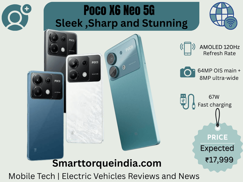 POCO X6 Neo 5G smartphone in Martian Orange color featuring 108MP rear camera, 6.67-inch 120Hz AMOLED display, and sleek lightweight design.