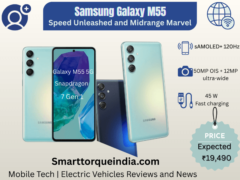 Samsung Galaxy M55 5G smartphone in Denim Black color featuring 50MP OIS camera, 6.7-inch 120Hz AMOLED display, and slim premium design.