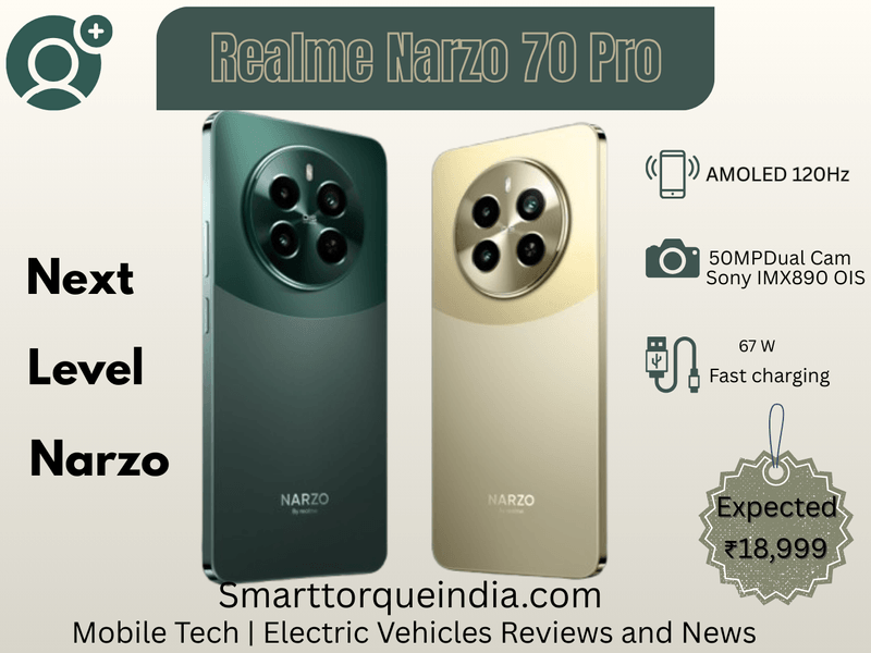 Realme Narzo 70 Pro 5G smartphone in Glass Green color showcasing its 50MP Sony IMX890 camera, 120Hz AMOLED display, and sleek horizon glass design.