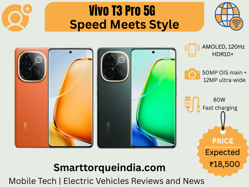 Vivo T3 Pro 5G smartphone in Sandstone Orange color featuring 50MP Sony OIS camera, 120Hz AMOLED display, and curved premium design.
