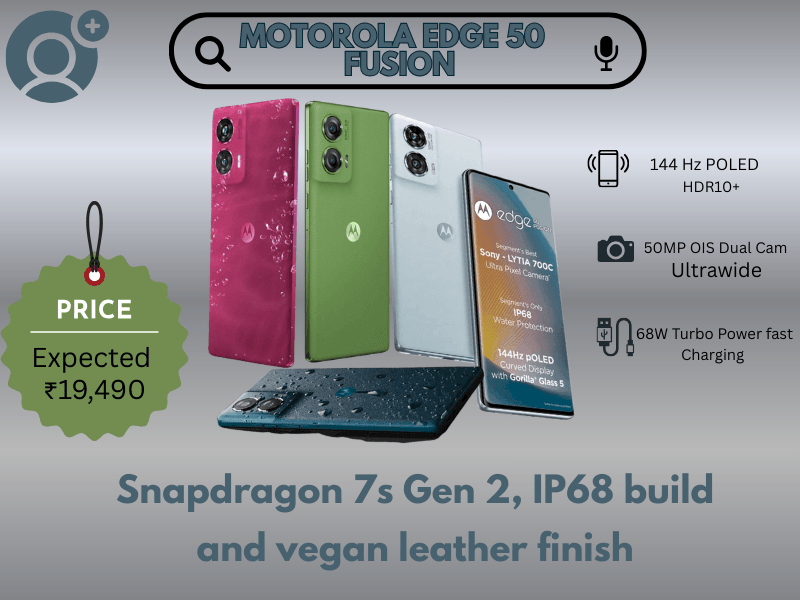 Motorola Edge 50 Fusion 5G smartphone in Forest Blue color featuring 50MP Sony LYTIA camera with OIS, 6.7-inch 144Hz curved pOLED display, and IP68 water-resistant design.
